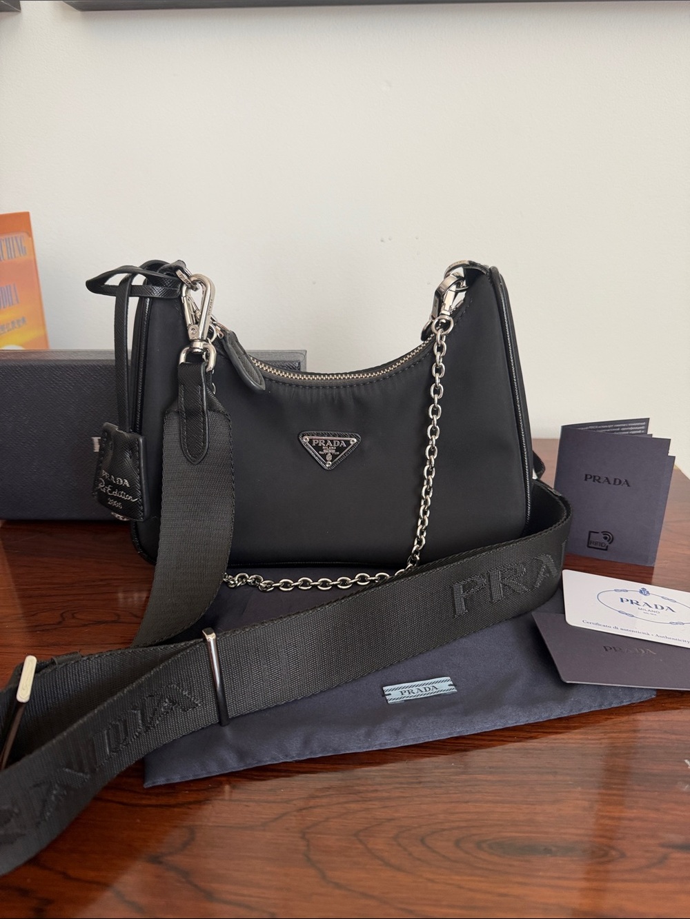 Prada Black Nylon Shoulder Bag with Chain and Webbing Strap